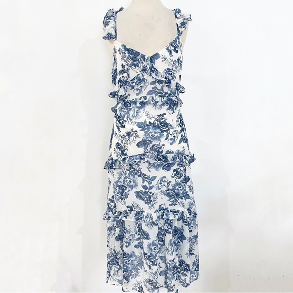 O.P. T blue floral midi dress with shoulder ruffles - Picture 2 of 13